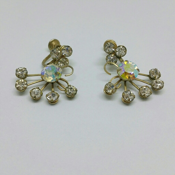 Vintage aurora borealis rhinestone dangle earrings - Picture 5 of 8